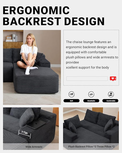 95 Inch Cloud Sectional Couch,Modular Sectional Sofa with Deep Seat,Modern Corduroy Boneless Couches with L-Shape Chaise for Living Room Bedroom,No Assembly Required (Black, Right Facing Chaise)