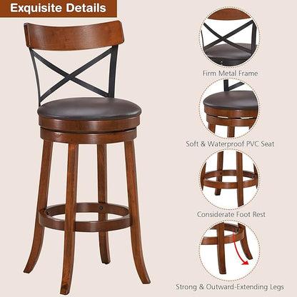 COSTWAY Bar Stool Set of 4, 360-Degree Swivel Solid Wood Stools with Soft Cushion & Backrest, 29.5” Height Kitchen Counter Bar Stools for Kitchen Island, Pub, and Restaurant (4, 29in)