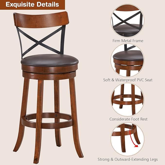 COSTWAY Bar Stool Set of 2, 360-Degree Swivel Solid Wood Stools with Soft Cushion & Backrest, 29.5”Height Kitchen Counter Bar Stools for Kitchen Island, Pub, and Restaurant (2, 29in)