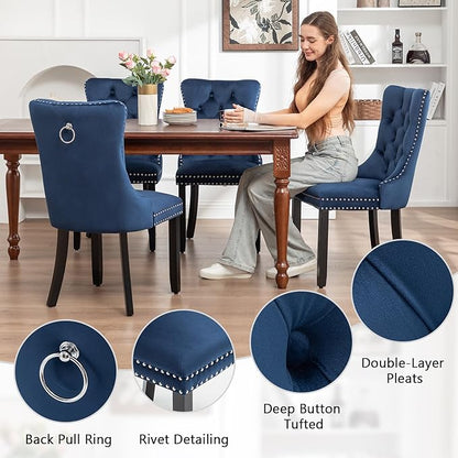 Velvet Dining Chairs Set of 2, Tufted Dining Room Chairs with Nailhead Ring Pull Trim, Upholstered Dining Chairs with Solid Wood Legs for Kitchen Dining Room (Blue)