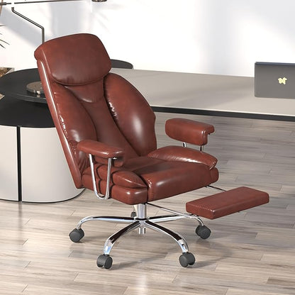 Big and Tall Office Chair, Executive Home Office Desk Chair, Comfy Leather High-Back Reclining Computer Chair with Retractable Footrest and Padded Arms, 360°Swivel Rolling Wheels, Wide Seat, Brown