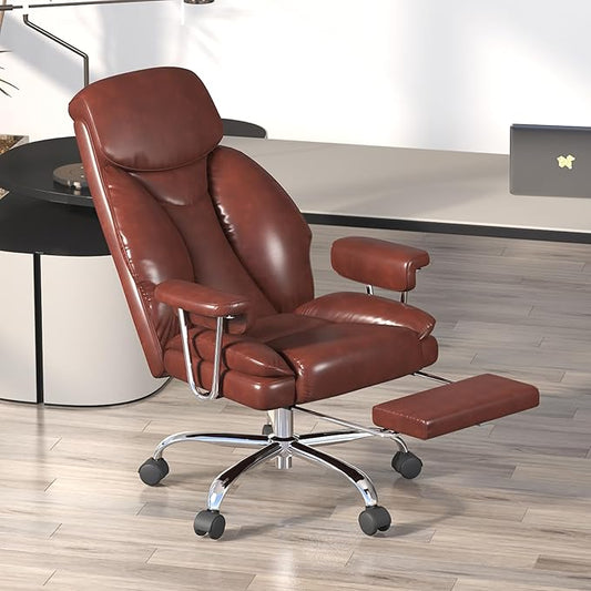Big and Tall Office Chair, Executive Home Office Desk Chair, Comfy Leather High-Back Reclining Computer Chair with Retractable Footrest and Padded Arms, 360°Swivel Rolling Wheels, Wide Seat, Brown