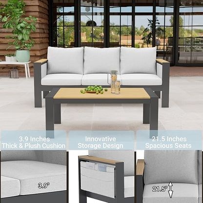 Corinth 2-Piece Aluminum Patio Conversation Set - Outdoor, Porch, Balcony, Yard, Gardern, All Weather, 1 Ergonomic Design 3 Seater Sofa and 1 Coffee Table, White