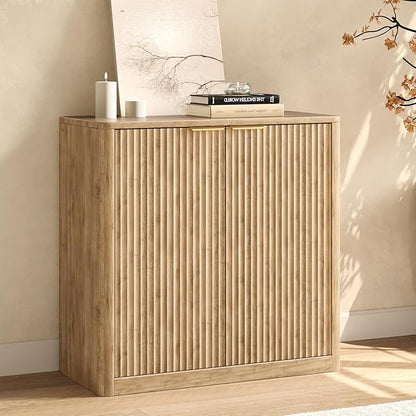 Evermagin 31.5" Oak Buffet Cabinet with Storage, Small Sideboard Cabinet, Boho Accent Credenza, Fluted Console Table with Doors for Dining Room, Kitchen, and Living Room