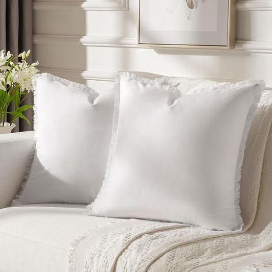FUTEI Cream White Velvet Decorative Throw Pillow Covers 26x26 Set of 2,Soft Cozy Edge with Tassels Euro Pillow Shams,Boho Modern Home Decor for Couch Bed Living Room