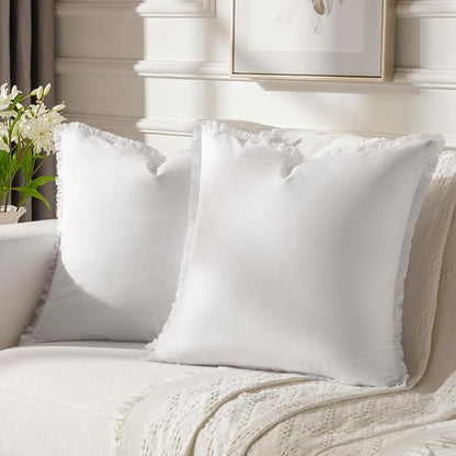 FUTEI Cream White Velvet Decorative Throw Pillow Covers 22x22 Set of 2,Soft Cozy Edge with Tassels Cushion Case,Boho Modern Home Decor for Couch Bed Living Room