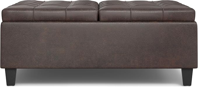 SIMPLIHOME Harrison 40 inch Wide Transitional Square Large Coffee Table Storage Ottoman in Distressed Brown Vegan Faux Leather, Assembled, for The Living Room and Bedroom