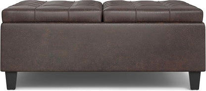SIMPLIHOME Harrison 40 inch Wide Transitional Square Large Coffee Table Storage Ottoman in Distressed Brown Vegan Faux Leather, Assembled, for The Living Room and Bedroom