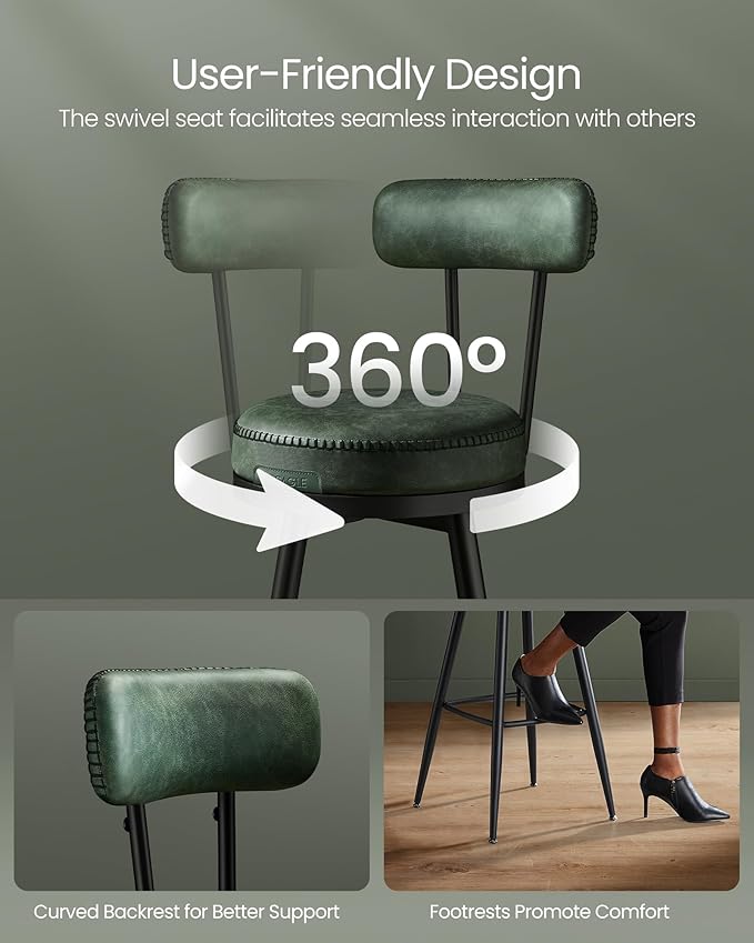 VASAGLE EKHO Collection - Bar Stools Set of 2, Swivel Bar Height Bar Stools with Back, Synthetic Leather with Stitching, Mid-Century Modern, 30-Inch Tall Barstools for Kitchen Home Bar, Forest Green