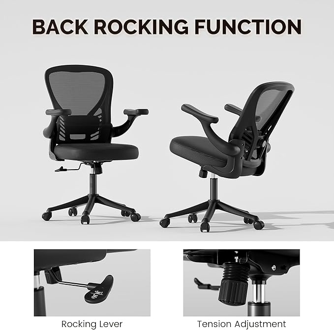 Computer Desk Chair with Wheels, Mesh Office Chair with Flip Up Arms, Adjustable Lumbar Support, Swivel Desk Chair Comfy, Black