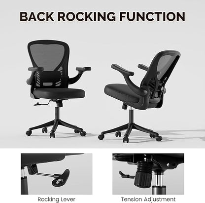 Computer Desk Chair with Wheels, Mesh Office Chair with Flip Up Arms, Adjustable Lumbar Support, Swivel Desk Chair Comfy, Black