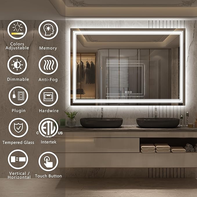 60x40 Inch Lighted Bathroom Mirror for Wall, LED Illuminated Vanity Mirror with Lights, Dimmable, Anti-Fog, ETL Listed (Backlit and Front Lighted)