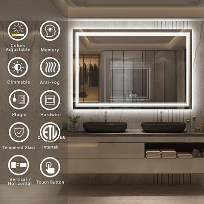 60x40 Inch Lighted Bathroom Mirror for Wall, LED Illuminated Vanity Mirror with Lights, Dimmable, Anti-Fog, ETL Listed (Backlit and Front Lighted)