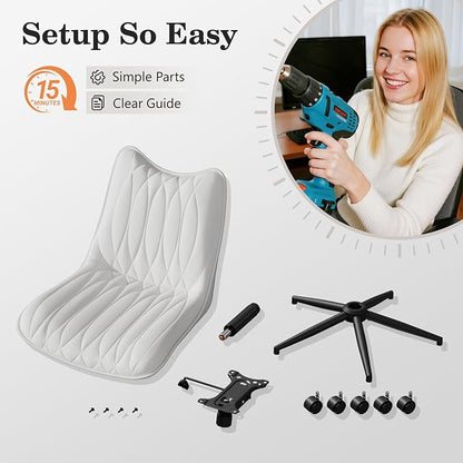 Armless Desk Chair, Armless Office Chair with Wheels, Small Desk Chair No Arms for Home Office, Swivel Vantiy Chair with Backs for Bedroom, Rolling Task Chair for Small Space, White