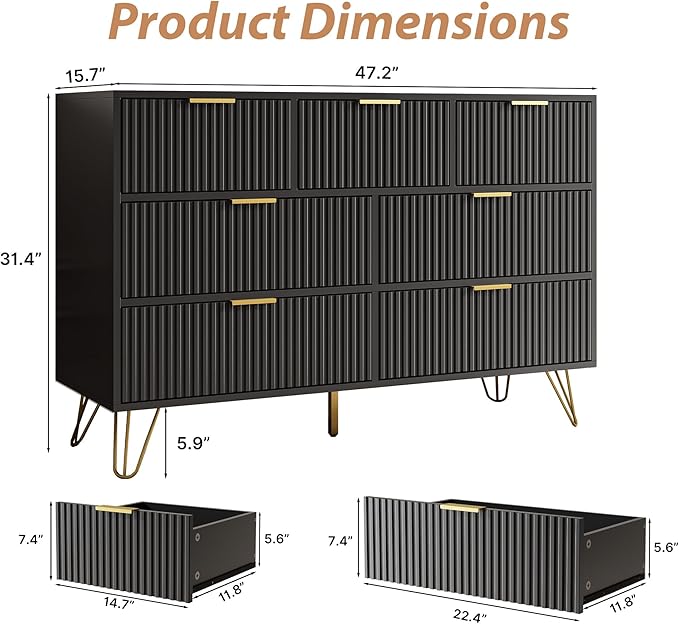 Black Dresser for Bedroom, 7 Drawer Dresser with Gold Pulls, Wide Chest of Drawers for Bedroom, Entryway, 47.2" L x 15.7" D x 31.4" H