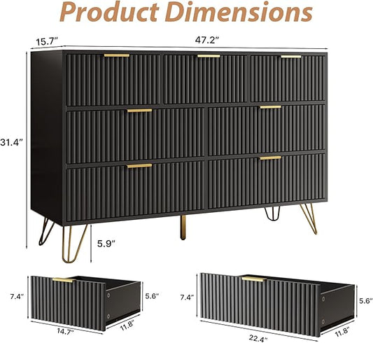 Black Dresser for Bedroom, 7 Drawer Dresser with Gold Pulls, Wide Chest of Drawers for Bedroom, Entryway, 47.2" L x 15.7" D x 31.4" H