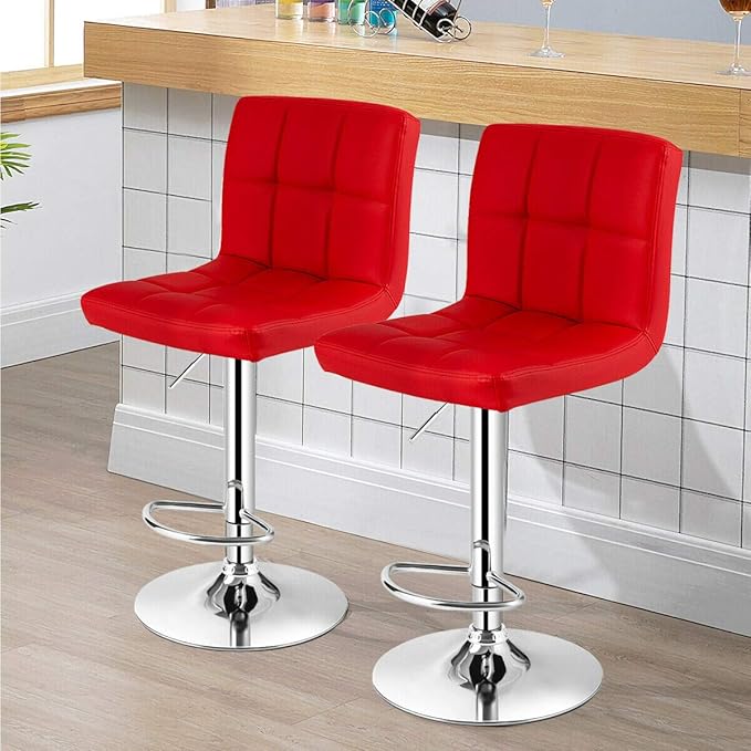 COSTWAY Bar Stools Set of 2, Modern Swivel Adjustable Height PU Leather Barstools with Back, Square Armless Counter Height 2-Pack Bar Chair for Kitchen Island Dining Living Bistro Pub Counter, Red
