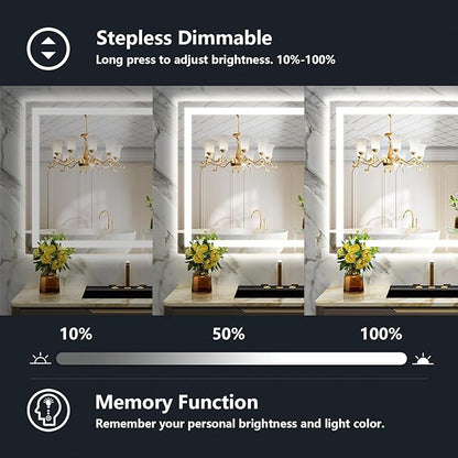 40x30 Inch LED Bathroom Mirror with Lights Front and Backlit Lighted Vanity Mirror for Bathroom Wall with 3 Colors Dimmable Anti-Fog Memory Shatter-Proof IP54 Waterproof Horizontal/Vertical