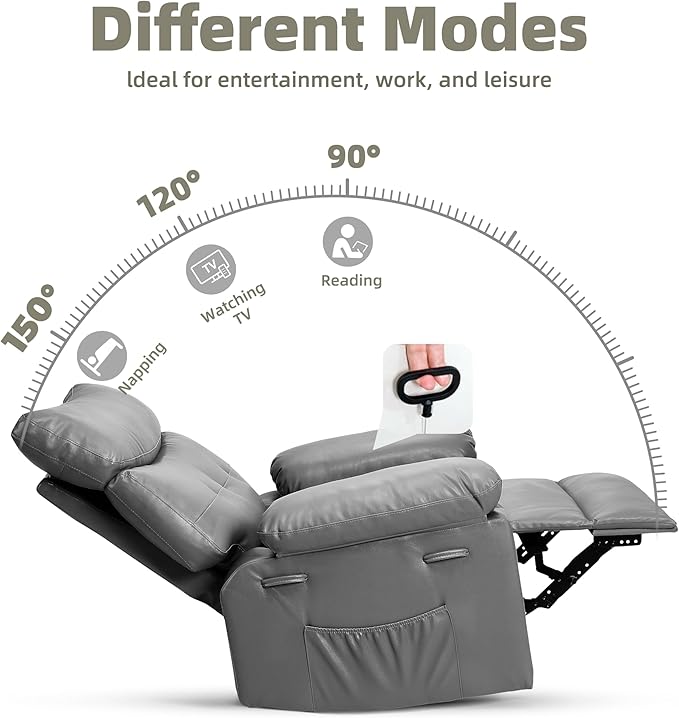 GarveeHome Oversized 27" Recliner Chairs, Classic Manual Leather Recliner, Home Theater Seating with Lumbar & Arms Support for Living Room, Bedroom and Nursery - Grey