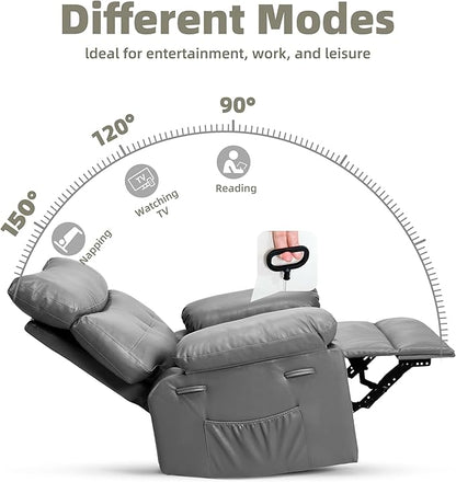 GarveeHome Oversized 27" Recliner Chairs, Classic Manual Leather Recliner, Home Theater Seating with Lumbar & Arms Support for Living Room, Bedroom and Nursery - Grey