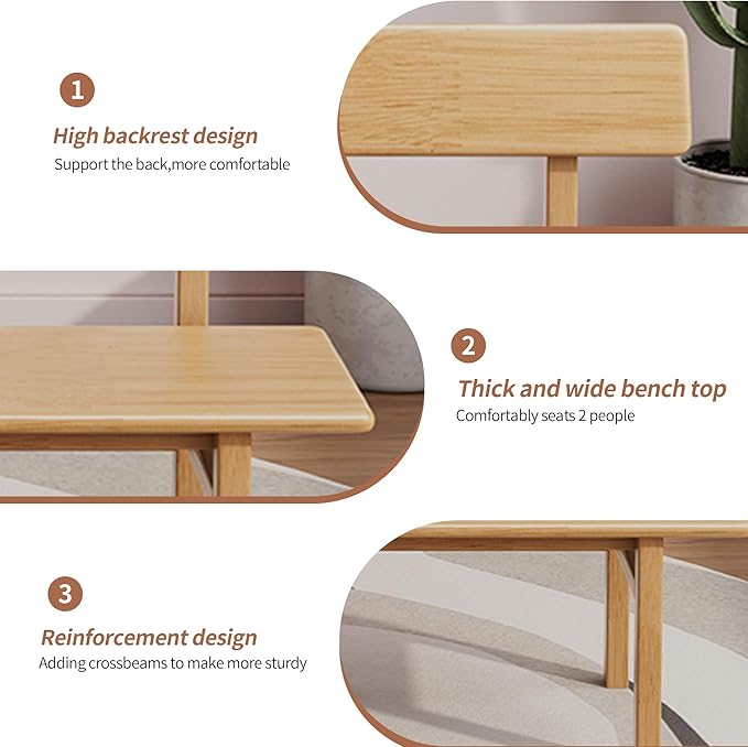 Outdoor indoor Bench, 47 Patio Garden and balcony Wooden Bench, Weatherproof Sturdy Wood Garden Bench with Seat for Porch, Park, Backyard, 800 Lbs Max Load, 2-Person log color Loveseat with Backrest