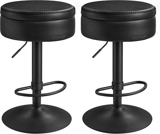 VASAGLE EKHO Collection - 360° Swivel Bar Stools Set of 2, Height Adjustable Barstools with Storage, Synthetic Leather with Stitching, Mid-Century Modern, Kitchen Bar, Easy Assembly, Ink Black