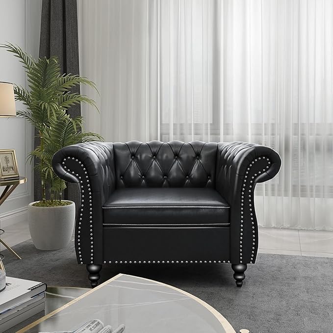 Living Room Chair, Modern Leather Chesterfield Sofa Chair, Mid Century Single Sofa Couch Chair with Tufted Back and Rolled Arms, Accent Sofa Chair for Living Room Apartment, Black