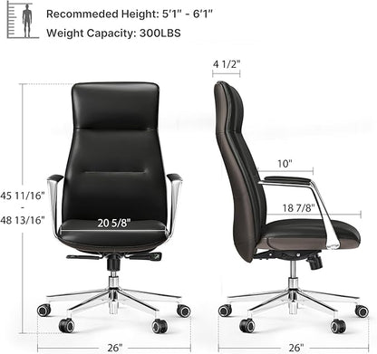EUREKA ERGONOMIC Royal Slim Executive High Back Black Leather Office Chair, Home Desk Chair for Adults, Big and Tall with Wheels, Swivel Rolling