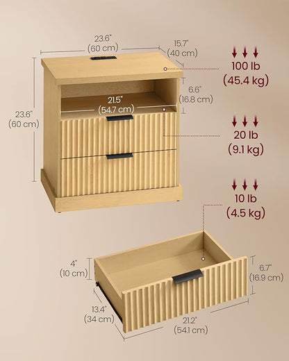 VASAGLE MAXE Collection - Nightstand with Charging Station, Fluted Night Stand, Bedside Table, Mid Century Modern Side End Table, 2 Drawers, 2 AC Outlets, 2 USB Ports, Oak Beige ULET626Y01S