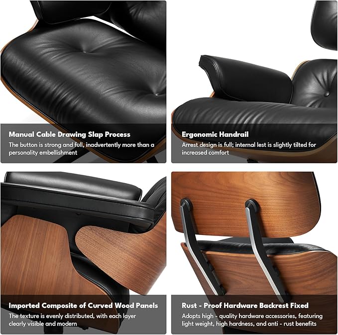 Top Black Grain Leather, Mid Century Chaise Lounge Chair and Ottoman, Leather Accent Chair, Modern Chair, Classic Design, Heavy Duty Base Support for Living Room Lounge Office, Walnut, Heightening