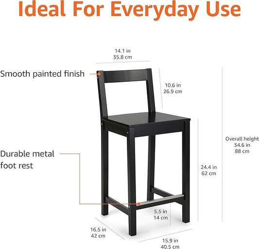 Amazon Basics Wooden Bar Stool with Backrest 24", Black, 1 Unit