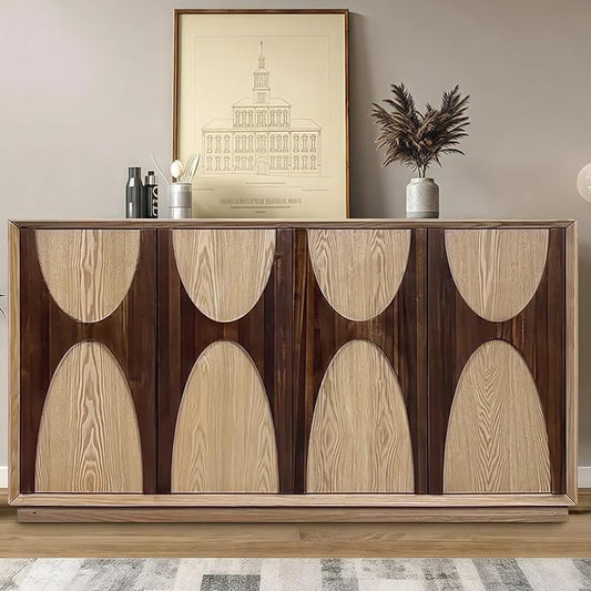 LKTART 59" Sideboard Buffet Cabinet Retro Accent Storage Cabinet with Magnetic Door Latches Adjustable Shelf for Living Room Kitchen(Natural)