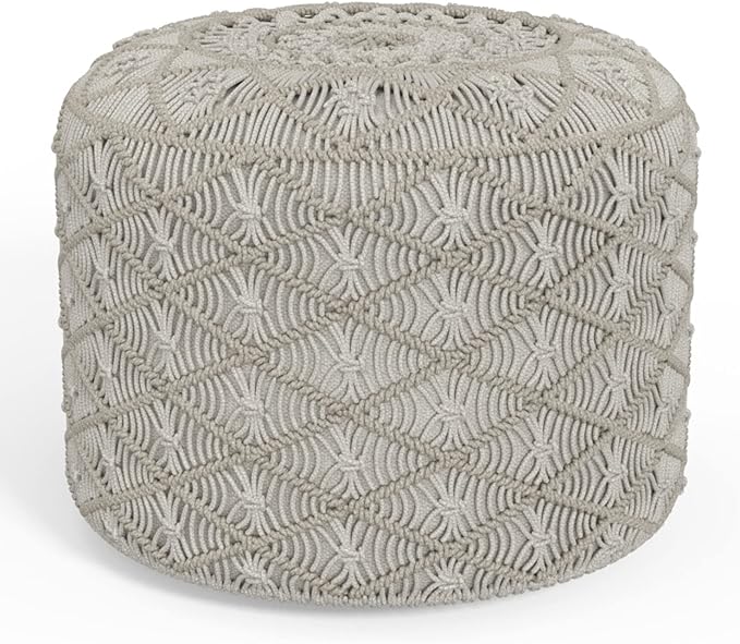 SIMPLIHOME Coates Contemporary Round Macrame Pouf in Cloud Grey Cotton for the Living Room, Bedroom and Kids Room