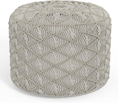 SIMPLIHOME Coates Contemporary Round Macrame Pouf in Cloud Grey Cotton for the Living Room, Bedroom and Kids Room