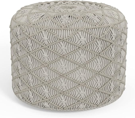 SIMPLIHOME Coates Contemporary Round Macrame Pouf in Cloud Grey Cotton for the Living Room, Bedroom and Kids Room