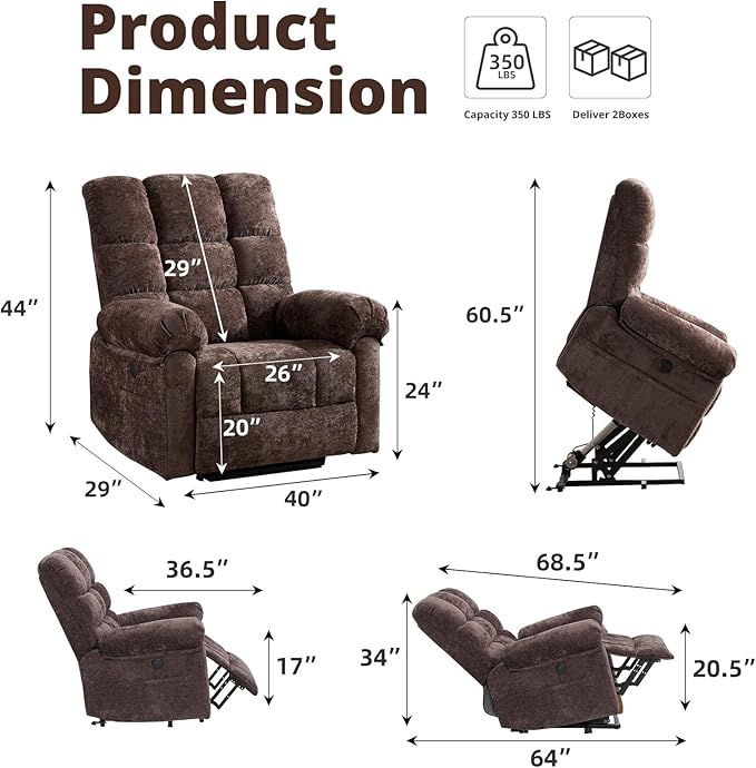 Oversized Power Lift Recliner Chair for Elderly, Electric Lift Chair with Masssage and Heat, Overstuffed Power Recliner for Adults, 3 Positions,USB Ports, Side Pockets, Coffee
