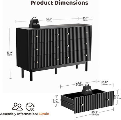 RECCI Fluted 6 Drawers Dresser for Bedroom, 54" Wide Chest of Drawers with 3D Fluted Panel, Faux Marble Top, Solid Wood Legs, Storage Drawers, TV Stand, Closet Chests for Bedroom, Black