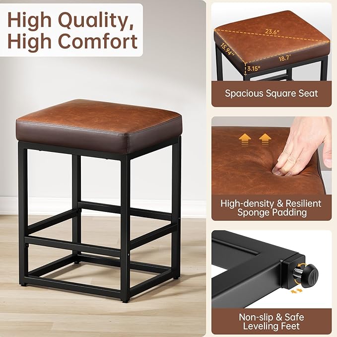 Counter Height Bar Stools Set of 2, 24" Barstools for Kitchen Countertop, Faux Leather Counter Stools with Thick Square Seats & Sturdy Metal Base, Simple Assembly, Brown