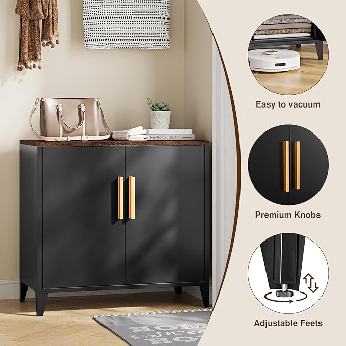 Letaya Storage Cabinet with 2 Doors,Adjustable Shelf, 16" Dx 32" Wx30 H Inches,Metal Small Buffet Sideboard Cabinet for Entryway, Kitchen (Black)