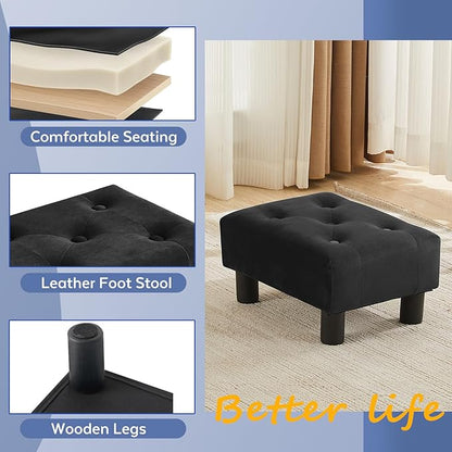 Small Foot Stool Ottoman, Velvet Footstool Ottoman Foot Rest for Couch, Rectangle Footstools and Ottomans Small for Living Room, Entryway and Bedroom (Black)