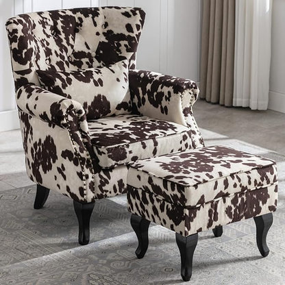 Accent Reading Arm Chairs with Ottoman for Living Room Bedroom, Midcentury Modern Comfy Corner Sofa Chair, Wingback Waiting Room Club Chair with Button Tufted Back &Lumbar Pillow, Fabric Cow