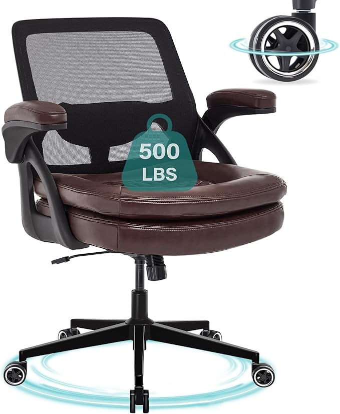 Big and Tall Office Chair, 500lbs Mesh Heavy Duty Ergonomic Desk Chair with Flip-up Armrests, Plus Size Wide Seat in PU Leather, 360 Swivel Computer Executive Task Chair for Home Office (Brown)