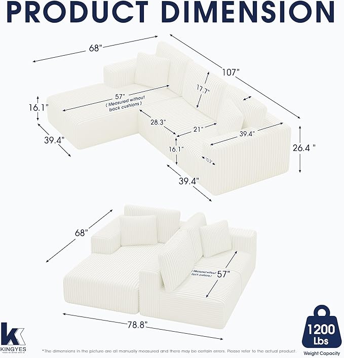 KINGYES 107'' Modular Sectional Sofa, L Shaped Cloud Couch for Living Room, Modern Plush Corduroy Boneless Sofa with Chaise for Bedroom, Beige