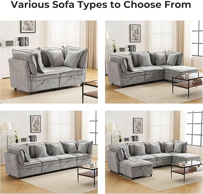 133" U-Shaped Modern Sofa, Modular Sectional Cloud Couch with 2 Ottoman, Oversized Modular Sectional Sofa with Storage Ottoman, 6-Seat Chenille Deep Seat Sofa with 6 Pillows for Living Room, Grey