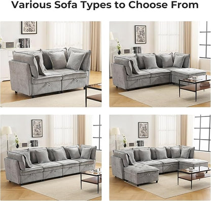 133" U-Shaped Modern Sofa, Modular Sectional Cloud Couch with 2 Ottoman, Oversized Modular Sectional Sofa with Storage Ottoman, 6-Seat Chenille Deep Seat Sofa with 6 Pillows for Living Room, Grey