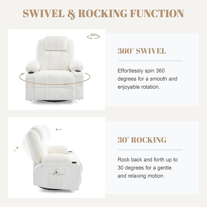 Oversized Swivel Rocker Recliner Chair with Heat and Massage, Large Big Recliner Chair for Living Room, 360 Degree Swivel Rocking Single Sofa with Cup Holders and USB Port(Teddy, White)