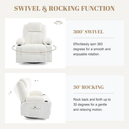 Oversized Swivel Rocker Recliner Chair with Heat and Massage, Large Big Recliner Chair for Living Room, 360 Degree Swivel Rocking Single Sofa with Cup Holders and USB Port(Teddy, White)