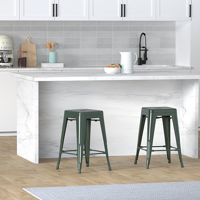 Vogue Furniture Direct 24 Inch Metal Bar Stools, Backless Counter Height Barstools, Indoor Outdoor Stackable Stools with Square Seat, Set of 4 (Dark Green)