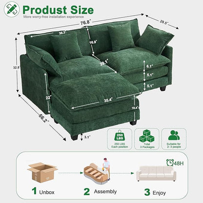 Cloud Chenille L-Shaped Sofa with Ottoman, 77" Space Saving Sectional Loveseat with Chaise, for Small Spaces, Easy Assembly, 1YR Warranty