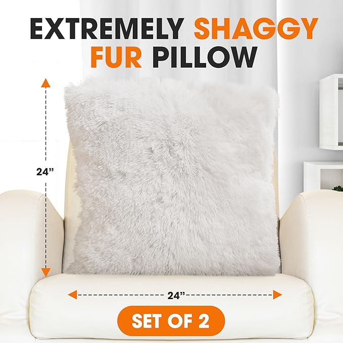 Cheer Collection Throw Pillows for Couch and Bed, Soft Shaggy Throw Pillows with Inserts Included, Cozy Long Hair Faux Fur Pillows - Set of 2-24" x 24" White